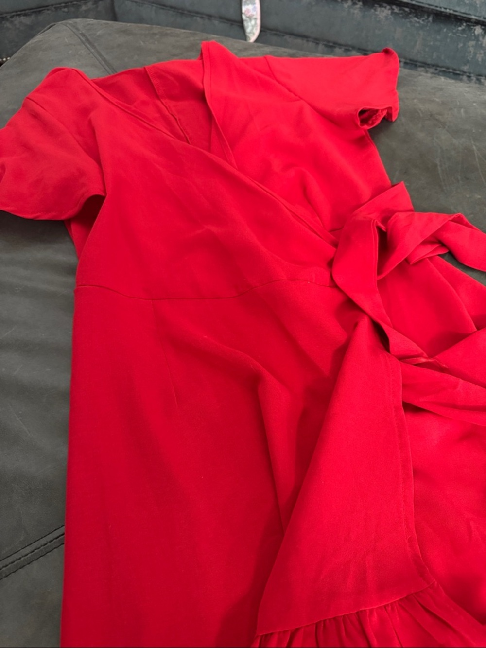 Red Wrap-Style Ruffle Hem Dress - Picture 2 of 6